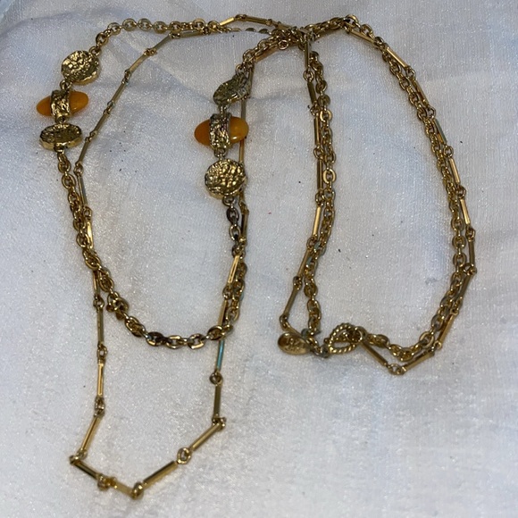 AMERICAN SHOWCASE Signed SHP EXCL gold tone multi chain disc tangerine beaded ne - Picture 5 of 5